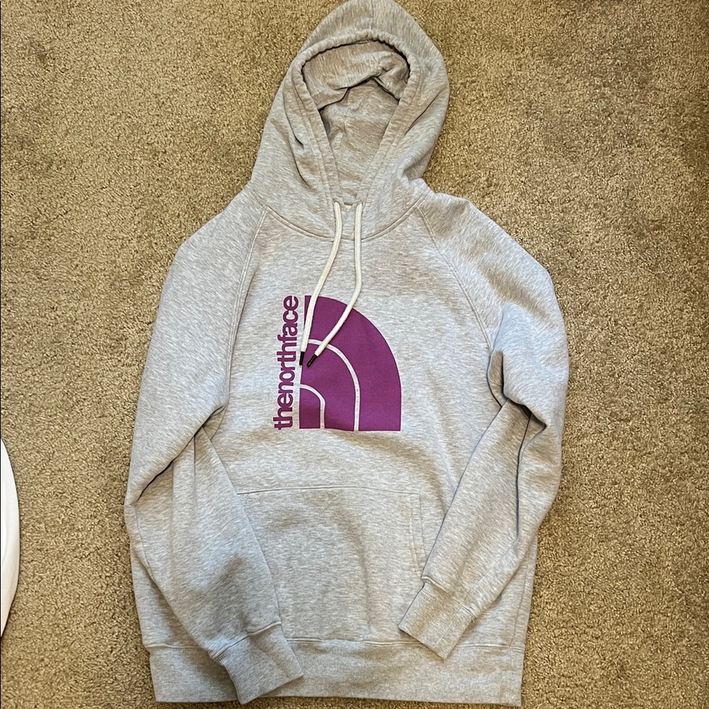 The North Face Heather Gray Hoodie with Purple Accent